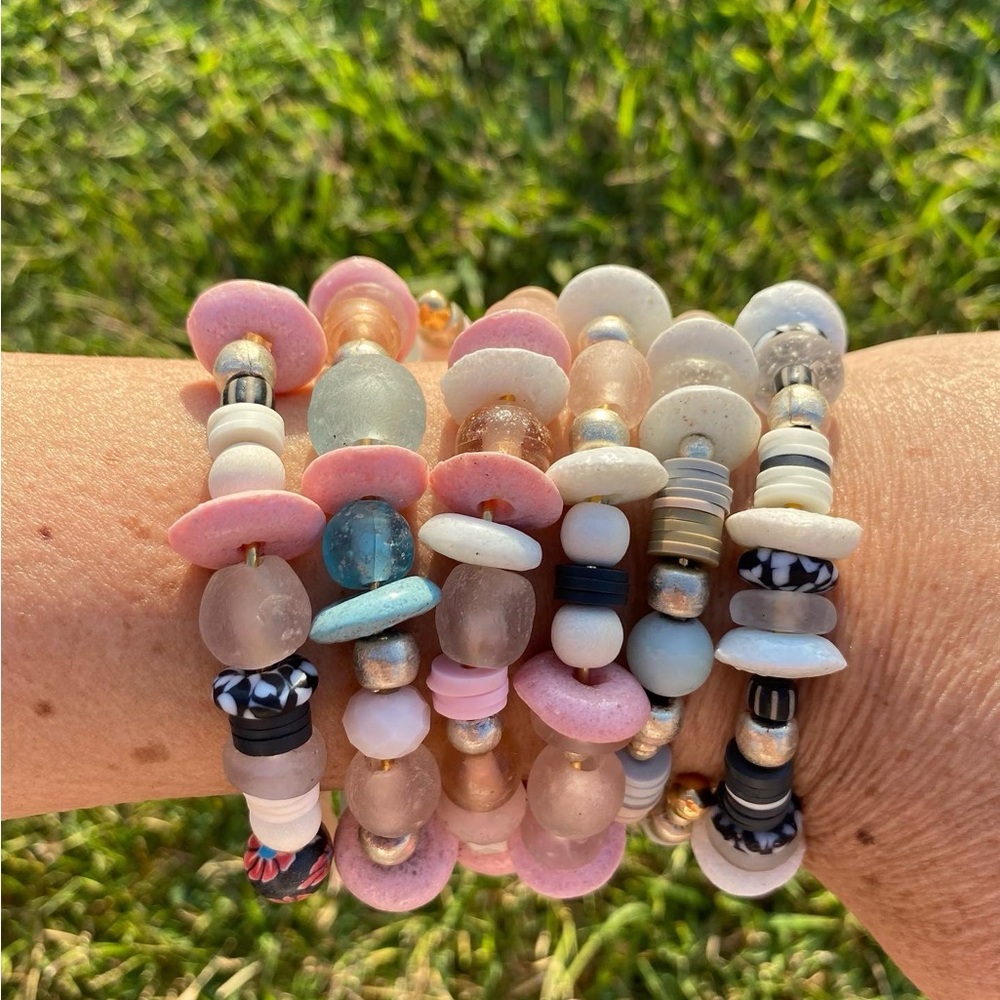 2 piece Handmade bracelet set /stack, in beachy blues. And pinks - Picture 2 of 14